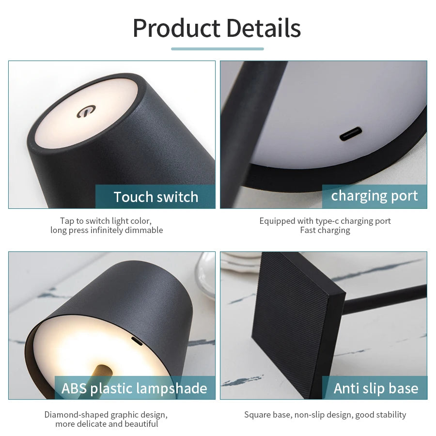 Rechargeable LED Table Lamp Touch Switch 3 Levels Dimmable Desk Lights Bar Club